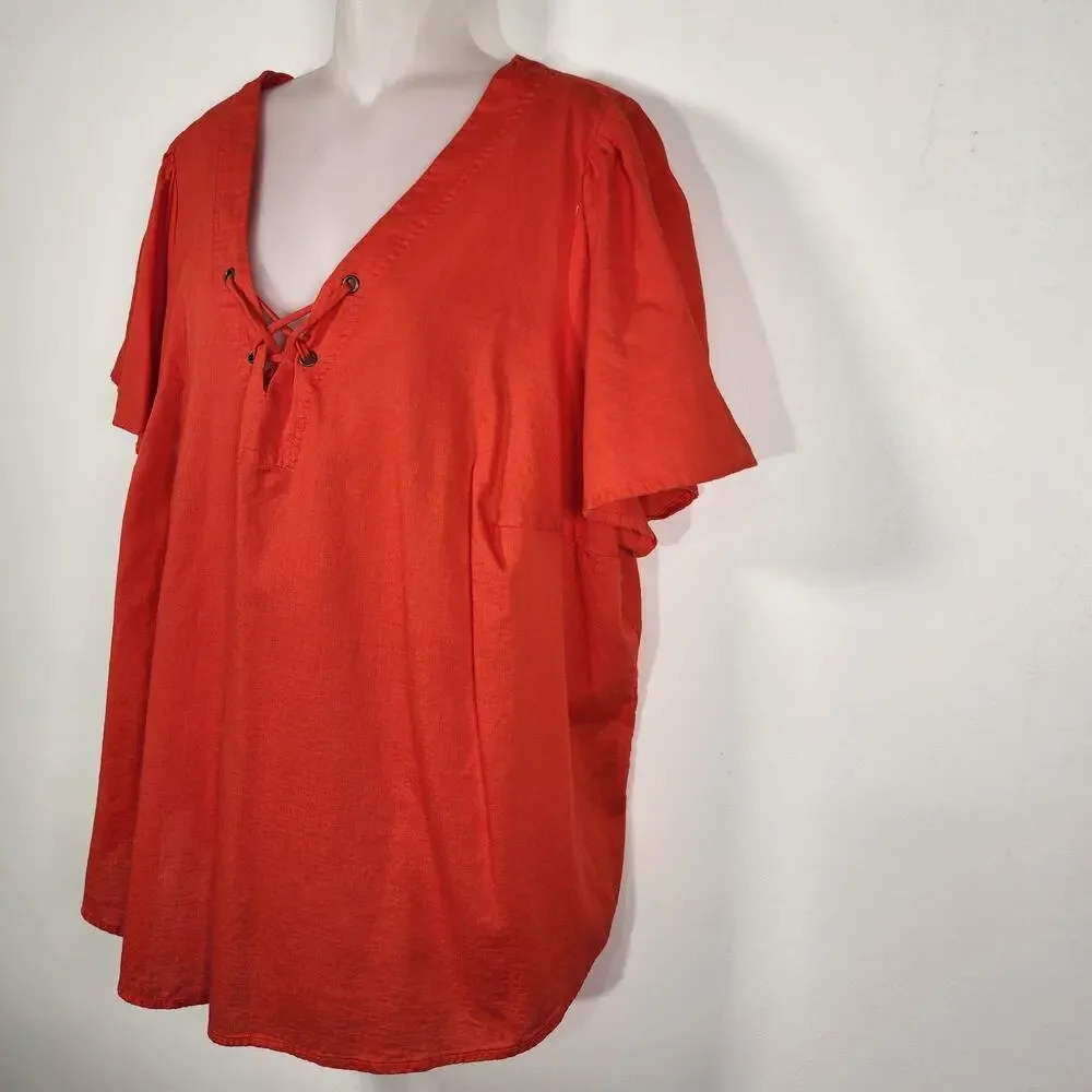 Knox Rose Womens Top XXL Orange V Neck Lace Up Flutter Short Sleeve Boho Casual